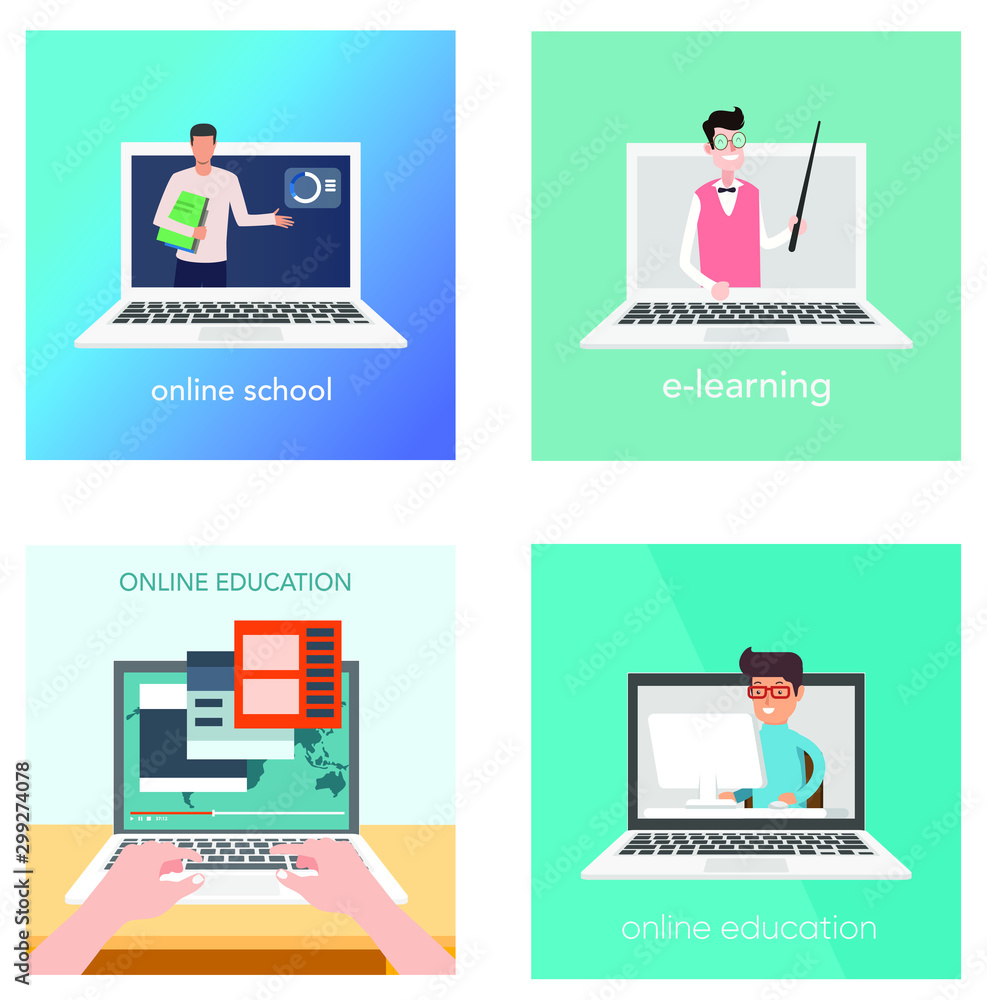 Poster set of web page design templates for e-learning, online education, e-book. modern vector illustratio
