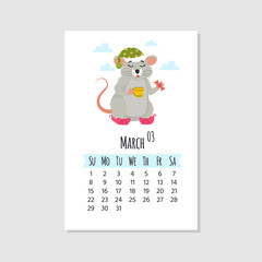 2020 new year of mouse to Chinese calendar. Wall  editable calendar grid template with cute mouse. Set of 12 months. Vector cartoon illustration