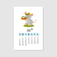 2020 new year of mouse to Chinese calendar. Wall  editable calendar grid template with cute mouse. Set of 12 months. Vector cartoon illustration