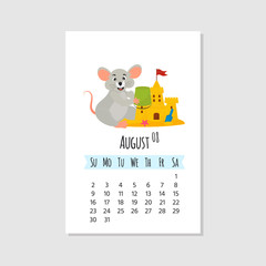2020 new year of mouse to Chinese calendar. Wall  editable calendar grid template with cute mouse. Set of 12 months. Vector cartoon illustration
