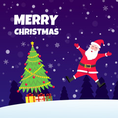 Jumping Santa Claus, christmas tree fir flat style design icon sign vector illustration greeting postcard. Symbol of xmas holiday celebration isolated on dark snow background with pile of gifts.