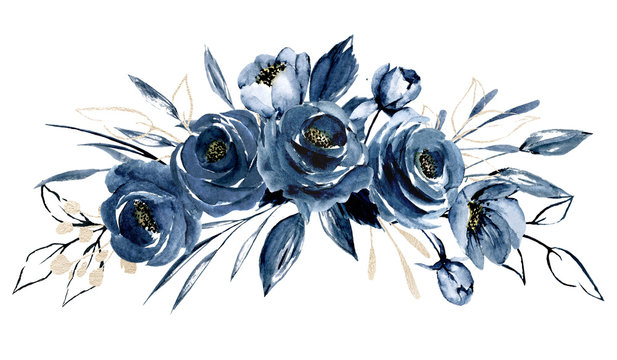 Navy blue flowers watercolor, floral clip art. Bouquet roses perfectly for printing design on invitations, cards, wall art and other. Arrangement isolated on white background. Hand painting. 