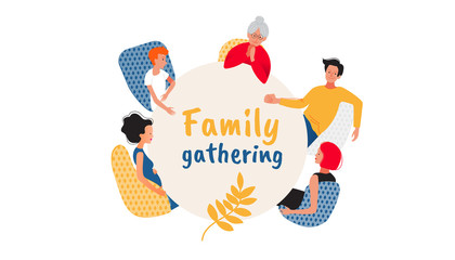 Family gathering. Happy Thanksgiving quote. Thanksgiving or Christmas dinner with extended family. Family celebrating holiday together. Flat cartoon style design vector illustration.