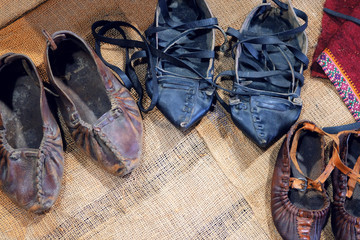 Old leather shoes. Historical footwear