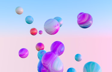 Abstract colorful 3d art background. Holographic floating liquid blobs, soap bubbles, metaballs.