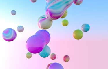 Abstract colorful 3d art background. Holographic floating liquid blobs, soap bubbles, metaballs.
