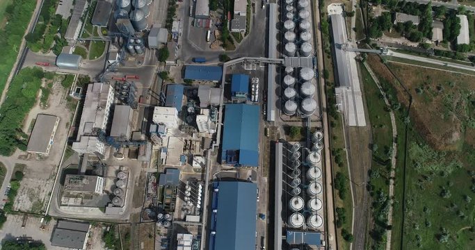 Aerial view Plant processing of tropical oil, sunflower oil and oilseeds. 