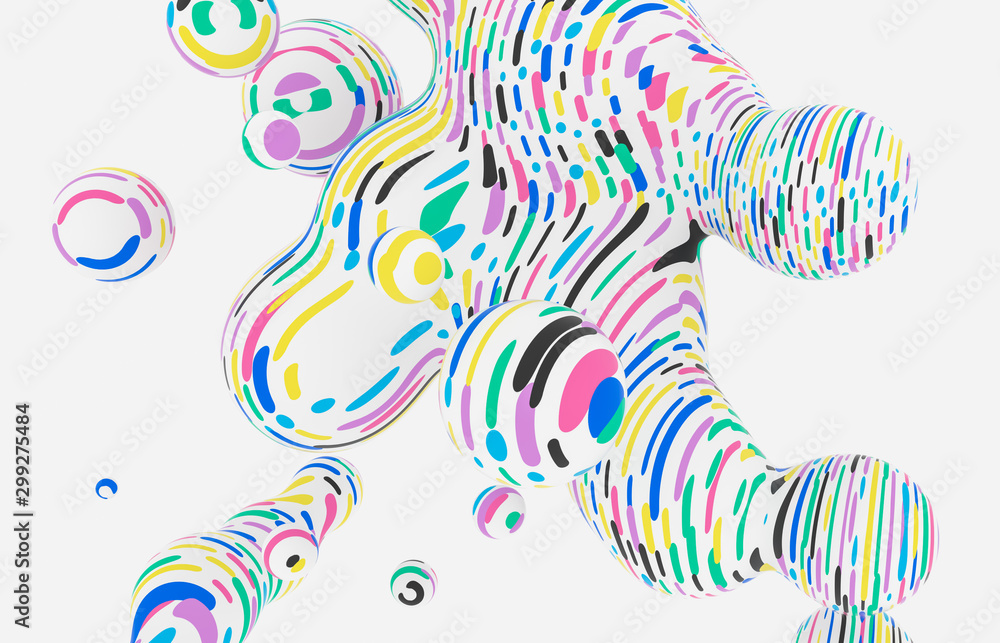 Poster Abstract colorful 3d art background. Holographic floating liquid blobs, soap bubbles, metaballs. memphis style.