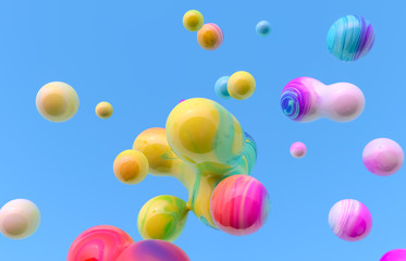 Abstract colorful 3d art background. Holographic floating liquid blobs, soap bubbles, metaballs.