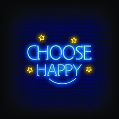 Choose Happy neon signs style text vector