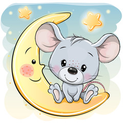 Cartoon Mouse is sitting on the moon