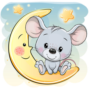 Cartoon Mouse is sitting on the moon