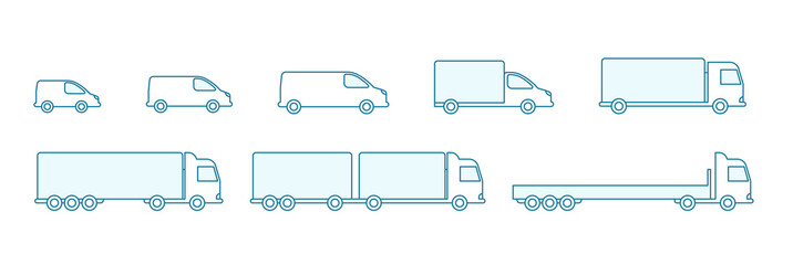 Delivery truck size set. Cargo transportation variation options. Shipping. Silhouette Infographic. Blue line flat vector icons. © Ilia