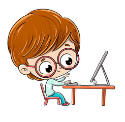 Boy doing his homework with a computer connected to the internet.