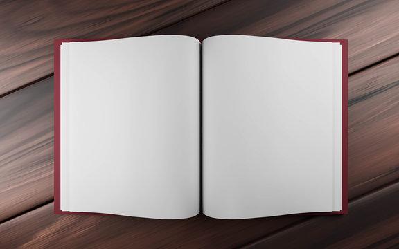 Blank empty opened book on dark wood underground 3d render illustration