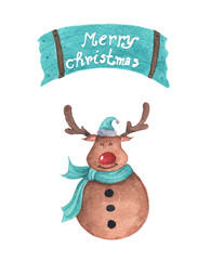 Cute reindeer in Santa hat and christmas greeting board. Isolated on white background. Vintage Christmas decoration. Watercolor Christmas card for invitations, greetings, holidays and decor.