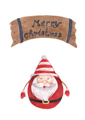 Santa claus and christmas greeting board. Isolated on white background. Vintage Christmas decoration. Watercolor Christmas card for invitations, greetings, holidays and decor.
