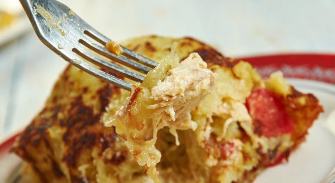 Potato pancakes dranik and chicken fillet roll