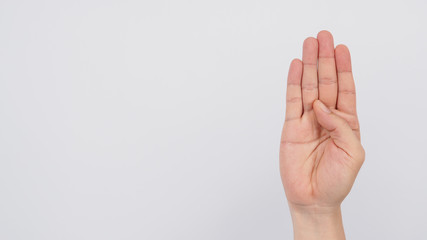 The hand sign language of B for the deaf on white background.