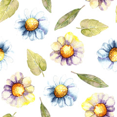 Seamless pattern with watercolor daisy flowers and leaves. Illustration for printing on fabric, wallpaper, packaging, wrapper, wall, background, template.