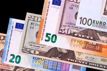Euro and US dollars close up