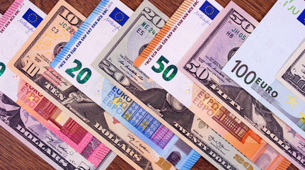 Euro and US dollars close up