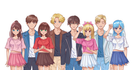 Naklejka premium group of young people hentai style characters