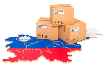 Parcels on the Slovenian map. Shipping in Slovenia, concept. 3D rendering