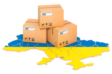 Parcels on the Ukrainian map. Shipping in Ukraine, concept. 3D rendering