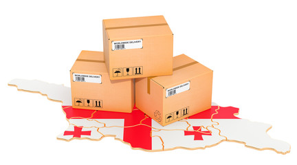 Parcels on the Georgian map. Shipping in Georgia, concept. 3D rendering