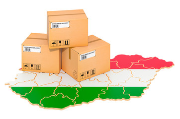 Parcels on the Hungarian map. Shipping in Hungary, concept. 3D rendering
