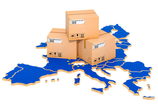 Parcels on the European Union map. Delivery in the EU, concept. 3D rendering