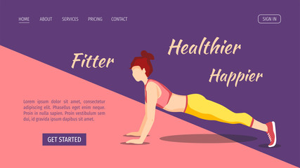 Web page design for Fitness, Sport training, Healthy lifestyle. Women in sportswear doing plank exercise and motivational slogan. Vector illustration for poster, banner, website, placard, flyer.