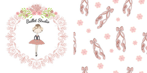 Fototapeta na wymiar Little cute ballerina princess of the ballet. Decorative circle pink floral frame with crystals and inscription ballet studio. Decorative seamless pattern with pink ballerina pointe shoes on white.