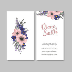 Dark blue business card template with pink flowers