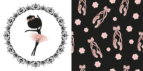 Black silhouette and pink tutu little cute ballerina princess of the ballet. Decorative circle black frame. Can be used as logo. Pink ballerina pointe shoes. Seamless pattern on black background. © Анна Комелева