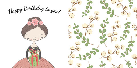 A girl with flowers in her hair holds in her hand a gift decorated with a floral arrangement with inscription Happy Birthday to you. Seamless pattern cotton branch on white background.