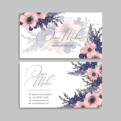 Dark blue business card template with pink flowers