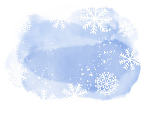 Abstract winter landscape on light blue watercolor spots with snowflakes on white background and copy space.