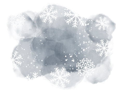 Abstract winter landscape on dark watercolor spots with snowflakes on white background and copy space.