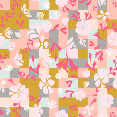 Anemone or windflower poppies flowers and leaves. Modern floral vector seamless pattern with hand drawn florals and geometric background.
