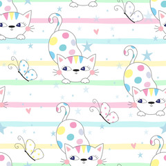 Cute hand drawn cats colorful seamless pattern background