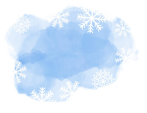 Abstract winter landscape on light blue watercolor splash with snowflakes on white background and copy space.
