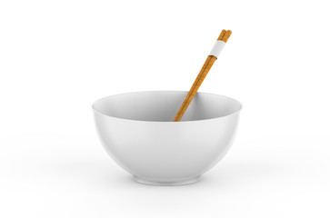 White empty bowl with chopsticks for noodles, rice, sushi, pasta and other meals, mock up template on isolated white background, 3d illustration