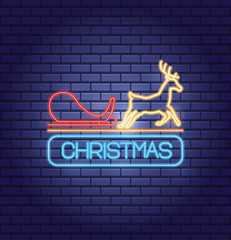 Obraz premium mery christmas reindeer and carriage neon lights