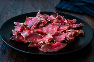 Turkish Bacon Pastirma / Pastrami Slices in Black Plate. Ready to Eat and Serve from Kastamonu and Kayseri.