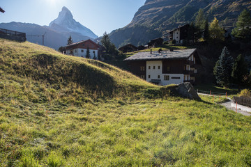 Zermatt village in Switzerland with the typical houses