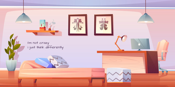 Psychologist, psychotherapist office with stuff and furniture, practitioner cabinet with pc on table, armchair, couch with pillows, rorschach test on wall, lamp and plant. Cartoon vector illustration