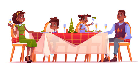 Christmas dinner, happy family sitting at festive served decorated table with food, afro-american dark skin mother father and kids celebrate winter holidays. Cartoon vector illustration, clip art