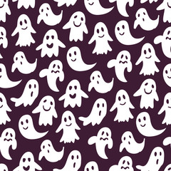 Hand Drawn Spooky Ghost Seamless Pattern. Happy Halloween. Vector Illustration. - 299280279